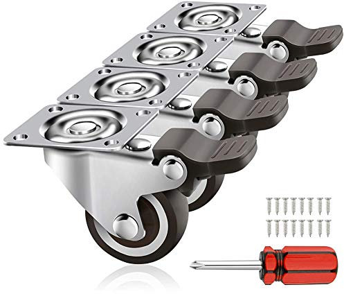 HomeGoGo Schwerlastrollen 4 Stück 32 mm Transportrollen mit Lenkplatte, langlebige Lenkrolle mit Bremse aus Polyurethan – Möbelrolle mit 50 kg Tragkraft 4 Bremsen, inklusive 16 Schrauben & 1 Schrauben