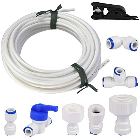 TIMESETL 15 Mètres Tuyau d'Alimentation en Eau Universel, Kit de Connecteur de Tuyau de Réfrigérateur 1/4 , Tube de Filtre, Pièces et Accessoires pour Réfrigérateurs Européen /Frigo Americain