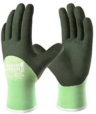 COOLJOB Winter Gloves for Men & Women, Thermal Work Gloves with Recycled Polyester, Anti Slip 3/4 Coated Gardening Work Gloves with Soft Warm Terry Inner, Green, Small, 1 Pair S