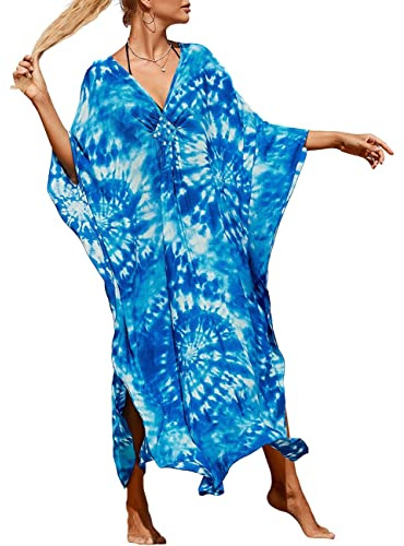 Bsubseach Kaftan, strandklänning, plusstorlek, lång sommarkaftan, Boubou Djellaba, tunika, dold, tröja, D-Blue Print 2, One Size
