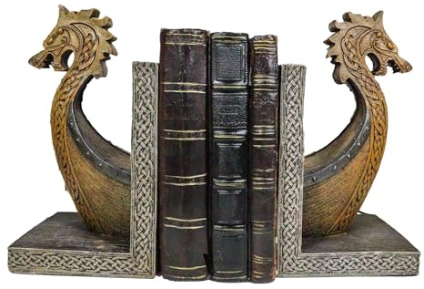 Ebros Gift Buchstützen mit nautischem Küstenmeerkönigreich, skandinavischer Wikingerdrache, Langschiff, Prow Ship, Buchstützen, Set mit Zwei Figuren, alte Legenden, Bibliothek, Büro, Arbeitszimmer