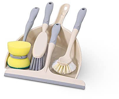 K-ONE Cleaning Kit House Office 5-in-1 Dustpan, Dustpan Broom, Pot Brush, Sponge Dish Brush and Window Cleaner All in One Cleaning Set