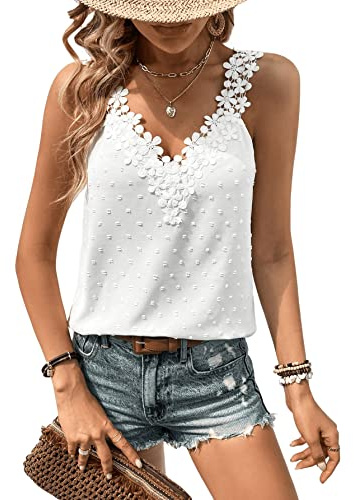 GORGLITTER Top Mit Spitze Damen Sommer Oberteile Locker Spitzentop Elegant Tank Top Mit Spitze Lässig Shirt Weiß M
