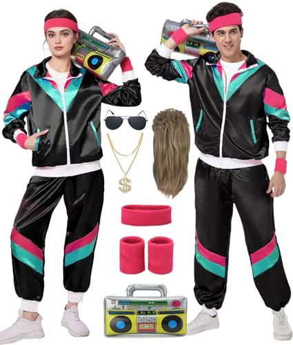 FOVER 80er Jahre Outfit Herren Damen Kostüm Trainingsanzug Pop Art Retro Stil Kostüm Accessoires set mit Aufblasbares Radio Sonnenbrille Halskette Schweißband für Mottoparty Fasching