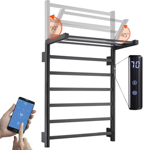 LNXGJJ Sèche-Serviette Électrique Noir WiFi Intelligent 76 W Porte-Serviettes Chauffant Électrique Commande Vocale 62x50 cm Radiateur de Salle de Bain avec Support de Rangement Pliable