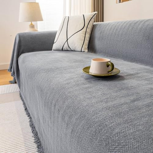 ANAZOZ Couchbezug 4 Sitzer, Sofa Überwurfdecke Chenille Fischgrätenmuster Einfarbig Grau mit Fransen Bezug Sofa 180x380