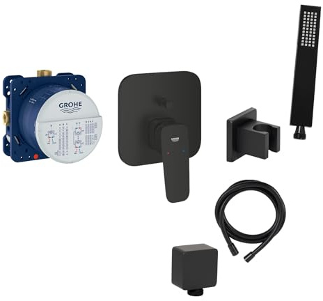 vanvilla Wannenset Unterputz mit Wannenarmatur Grohe schwarz GS10 | Wannenarmatur von Grohe Cubeo Einhebelmischer und vanvilla Handbrause eckig, Wannen-SET schwarz