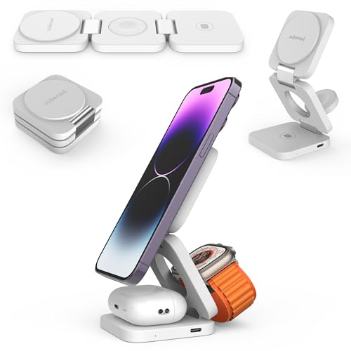 CubeNest 3in1 Faltbares Magnetisches Kabelloses Ladegerät E310 | Compatible for MagSafe | Kompatibel Für iPhone 12/13/14/15/16, Apple Watch & AirPods | 360° Rotation, 20W Schnellladefunktion | Kompakt