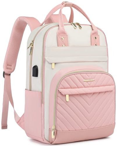 Mochila para laptop para mujer: mochila de viaje para computadora de 17 pulgadas, impermeable, con cargador USB, antirrobo, mochila casual de negocios para enfermeras, profesores, color beige y rosa,