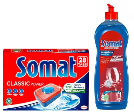 SOMAT Tabs 28 AW Classic Power, Geschirrspül Tabs mit Fettlösekraft für kraftvolle Reinigung, Spültabs für strahlend sauberes Geschirr + Somat Duo Power Experten Klarspüler 750ml