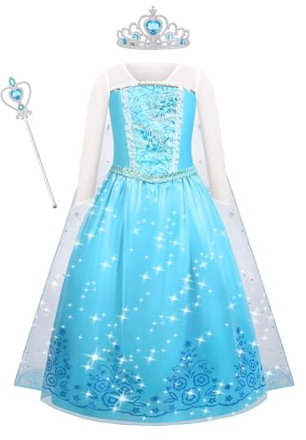 ACWOO Robe de Princesse pour Enfant, Robe avec Baguette et Couronne, Filles Princesse Costume Habillage, Manches Longues Robe pour Noël Halloween Anniversaire Fête Cosplay