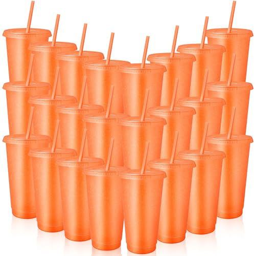 MSYU 24 Pcs Reusable Plastic Cups with Lids and Straws 24 oz Glitter Iced Coffee Tumbler Travel Mug for Smoothie Juices Birthday Sleepover Party Supplies (Orange)
