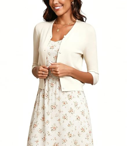 Yukiuiny Damen Strickjacke 3/4 Arm Weiche Leichte Kurzjacke V-Ausschnitt Elegant Cardigan mit Knöpfe Basic Jacke für Alltag