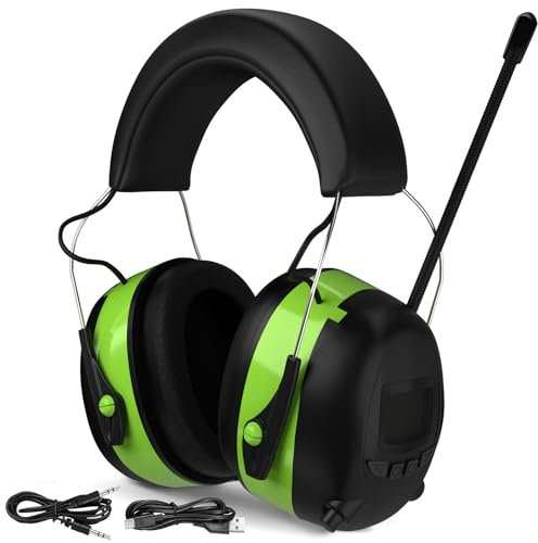 GARDTECH Paraorecchie con cuffie Bluetooth con cancellazione del rumore con radio wireless MP3 AM FM paraorecchie di sicurezza con display LCD, scheda SD da 4 GB, per adulti, per giardino, lavorazione