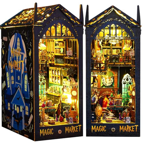 BuzzoXerex Book Nook Kit, DIY Miniature House, Miniatur Haus Holz, 3D Buch Ecke Miniatur Kit mit Möbeln und LED Leuchten für Hausdekoration Kreative Geschenken (Magischer Basar)