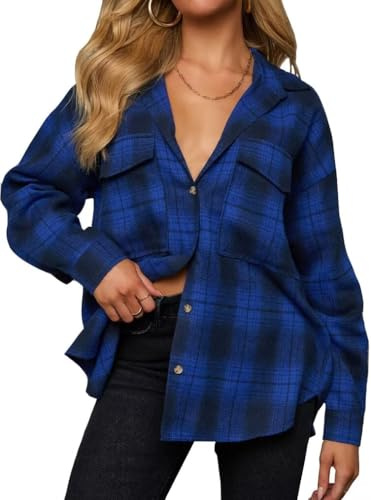 LACOZY Chemise à carreaux en flanelle à manches longues pour femme | Chemises surdimensionnées pour femme, chemises à carreaux pour femme, chemisiers boutonnés, haut surdimensionné en flanelle à