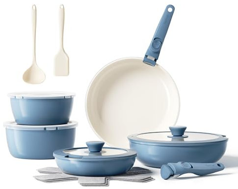 Redchef Ceramic Pots and Pans Set Non Stick, 16 pcs Nonstick Cookware Set with Detachable Handle, Non Toxic, PFAS PFOA & PTFE Free, RV Ceramic Cookware Set for Camping, Oven Safe (Blue)