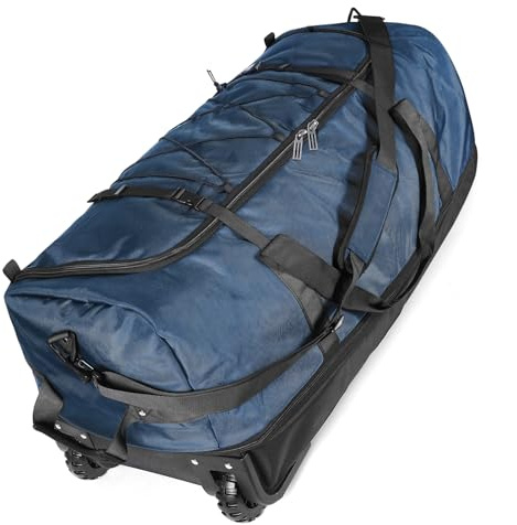 Vrtisa 110L Expandable to 140L 32” Foldable Oxford Soft-Sided Rolling Duffle Bag with 2 Heavy-Duty Wheels,3 Large Compartments,Adjustable Shoulder Strap and Attached Organizer Pouch,Navy Blue