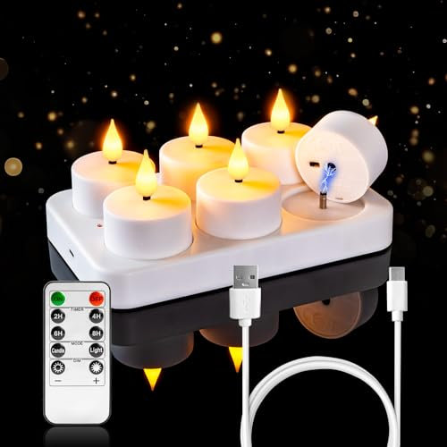 Homemory 6 Pack Rechargeable Base Remote Tealight, 2/4/6/8 Timer, USB Charge Electric Candle, Flameless Fake Battery Tealights for Table Decoration, Romantic Nights, Party, Birthday