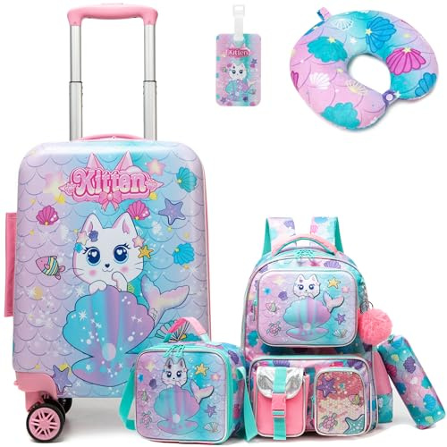 HTgroce 5 teiliges Kinderkoffer, Kindertrolley mit Rucksack, Nackenkissen, Lunchtasche, Federtasche & Kofferanhänger, Kindergepäck mit Rollen, Handgepäck Reisekoffer Hartschalenkoffer für Mädchen