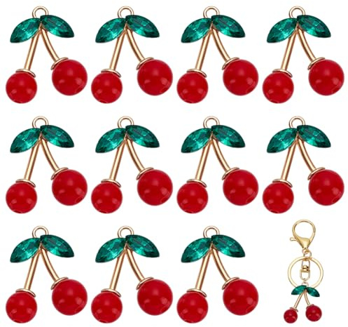 FINGERINSPIRE 12 colgantes grandes de cereza roja, aleación dorada, diamantes de imitación verdes, de plástico, colgantes de cerezas rojas, bonitos colgantes de frutas, dijes de decoración para