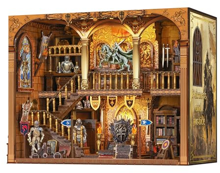 Book Nook Kit - DIY Medieval Castle Booknook for Adults & Teens, 3D Wooden Puzzle Bookshelf Insert with LED Lights, Unique Creative Craft Gift for Home Decor & Model Building