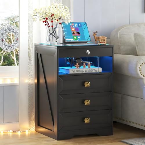 Gurexl LED Bedside Table with Hidden Drawer, Glass Top Bedside Table with Wireless Charger Station, LED Night Stand with Human Sensor Design, Modern End Table for Bedroom Living Room (Black)
