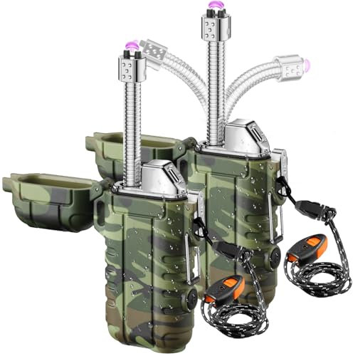 2 accendini ad arco elettrico, antivento, impermeabili, con ricarica USB-C, flessibile, per campeggio, cucina, sopravvivenza, regalo da uomo