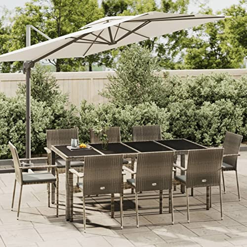 Fasba 9-TLG. Garten Essgruppe 8 Personen, Sitzgruppe, Esstisch mit Akazienholz -Tischplatte und Stühle mit Kissen, Gartenmöbel Set Poly Rattan Grau/ 3184986