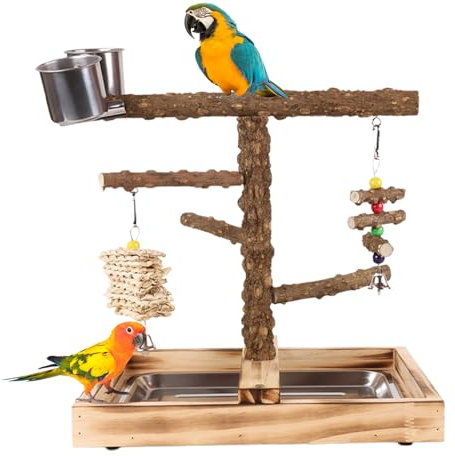 Vogelspielplatz | Papageienstand Mit Futterbehältern Für Wellensittiche Und Andere Vögel | Naturholz Klettergerüst Für Wellensittiche Zum Füttern, Trainieren Und Indoor-Spielen Im Haus