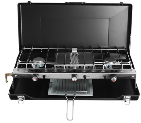 Qussse Réchaud de camping pliable à 3 feux - Réchaud à gaz portable - Pour camping, barbecues, fêtes et pique-niques