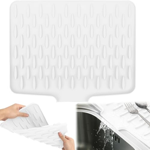 RZCOMP Silicone Draining Mat,Silicone Dish Drying Mat Non-Slip Sink Drainer Mat,No-Spill Mat & Heat Resistant Folding Draining Board Mat for Campervan Kitchen Counter,Sink (White)