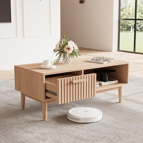 BRILVERDE Couchtisch Natur aus Holz mit Lochblende und Rattan - Beistelltisch Wohnzimmertisch mit Schublade (Naturholzfarbe, 100x50x43 cm)