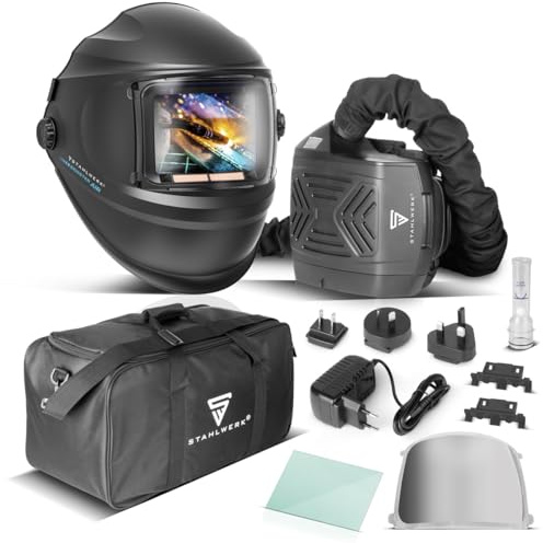 STAHLWERK Automatik-Schweißhelm 3-in-1 Booster AIR PAPR-System Jobspeicher | Schweißerhelm mit Frischluftzufuhr, True-Colour-Technologie, automatische Abdunkelung DIN 4-13, optische Klasse 1/1/1/2