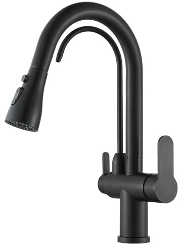 ZAMERY Modern Faucet 3 Way Water Filter Tap with 2 Handles for Hot, Cold and Drinking Water Pull Out Kitchen Sink Faucet with 360° Swivel,Matte Black