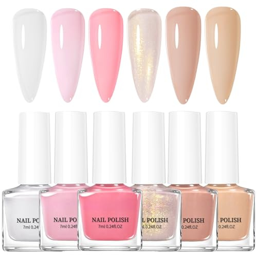 Jelly Nail Polish Set - 6PCS Quick Dry Water-Based Nail Varnish Set with Pale Pink & Nude Shades, Shimmer Included, No UV Needed for DIY Manicure & Nail Art at Home