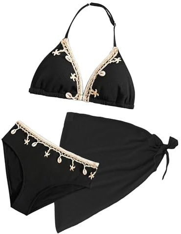 SEAUR Bikini Niña 3 Piezas Traje de Baño Verano Piscina Natación Ropa de Playa con Falda Niña Tankini Triángulo Negro 12 años