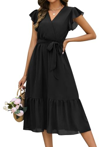 heekpek Vestito Lungo Estivo Donna Scollo a V Leggero Abito Senza Maniche con Volant Elegante Vestito da Mare Summer Dress, Nero, L
