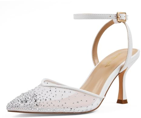 Zhabtuc Damen Tacchi 8 cm Strass Pumps Punta Spillo Mesh Glitter Cinturino Caviglia Slingback Kitten Heel Scarpe da Sera Matrimonio Sposa, Bianco, 41 EU