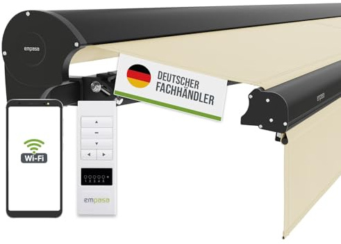 empasa elektrische Kassettenmarkise Expert Plus Markise mit WiFi-Motor | Smart Home kompatibel, Terrassenüberdachung mit Volant, komplett vormontiert, Farbe:elfenbein, Größe:2.5 x 2 m