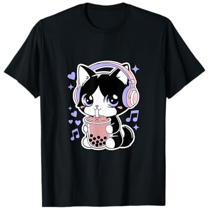 Chat Kawaii avec Casque et Motif Boisson Rose T-Shirt