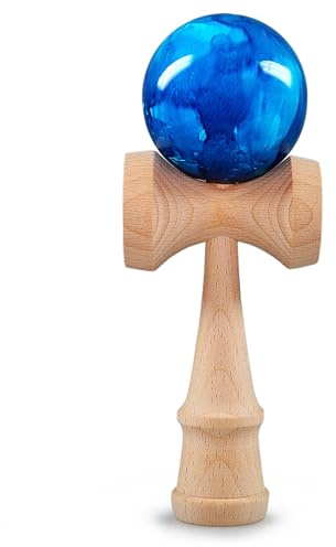 Ganzoo Kendama Blue Flash in Legno di faggio, Gioco Tradizionale Giapponese di abilità e bilanciamento con Pallina Forata, Cordino Nylon Resistente allo Strappo, 3 Coppe, 16 cm, Peso Totale 144 g