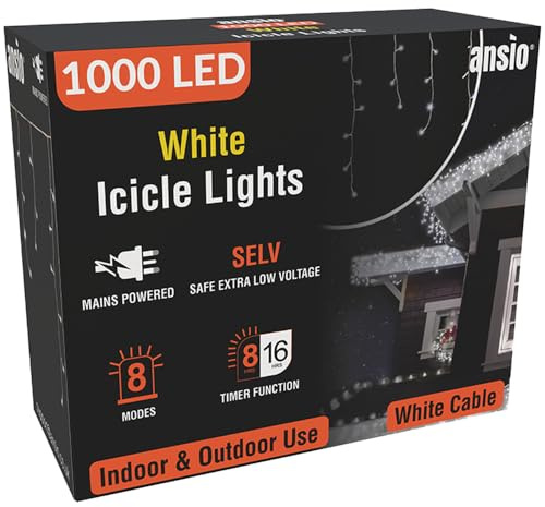ANSIO® Outdoor Christmas Lights 1000 LED 35m/112ft Icicle Lights Outdoor & Indoor Cool White Decorations String Fairy Outside Lights with Timer for Xmas Garden & Party | Mains Powered White Cable