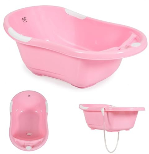 Babybadewanne Lilly platzsparend mit Wasserablauf, Ablagefächer für Zubehör rosa