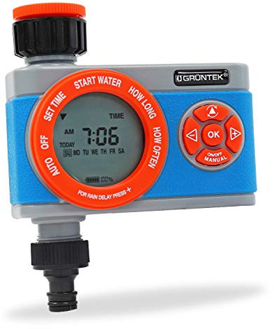 GRÜNTEK Digitale Bewässerungssteuerung mit Digitalanzeige, Flexibler Bewässerungscomputer mit Wahl der Wochentage und Bewässerungstimer von 1 Min. bis 360 Min.