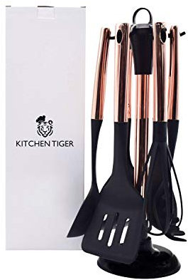 KITCHEN TIGER 7-teiliges Küchenutensilien Set (Rose Gold) | Edelstahl Nylon Küchenhelfer | Hitzebeständiges Robustes Küchenzubehör | Küchenset inkl. Kochlöffel Set, Schneebesen & Utensilienhalter