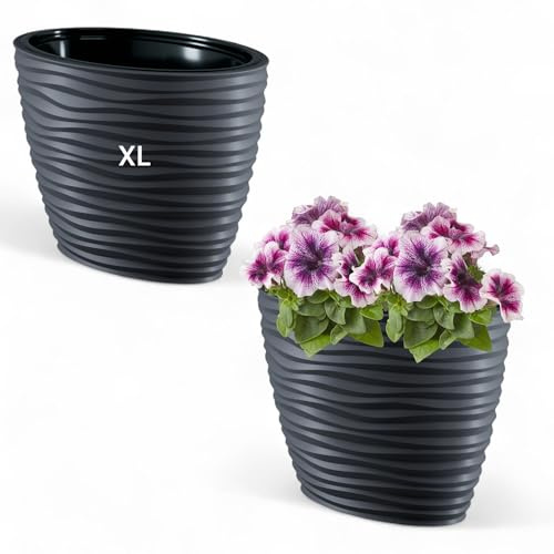 MELTOM Pflanzkübel Oval mit Herausnehmbaren Einsatz Slim 3D Effekt Blumentopf (Anthrazit, XL)
