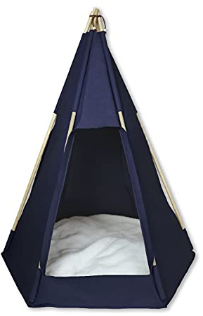 jilda-tex Tipi Zelt für Haustiere Hunde Katzen Bett Filou Hütte Filz mit Kissen Holzgestell Verschiedene Größen/Farben (90x65x57 cm, Dunkelblau)