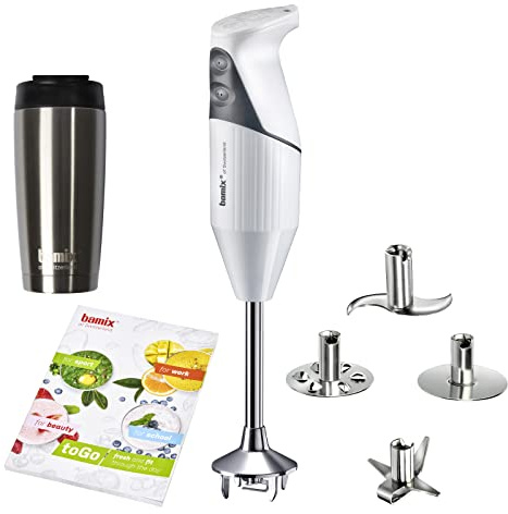 bamix Stabmixer Set M200 toGO inkl. Multifunktionsmesser, 4 Aufsätze, Isolierbecher, Smoothies Rezeptheft, 200 Watt, 2-Stufen, Edelstahl, Made in Switzerland - Weiß