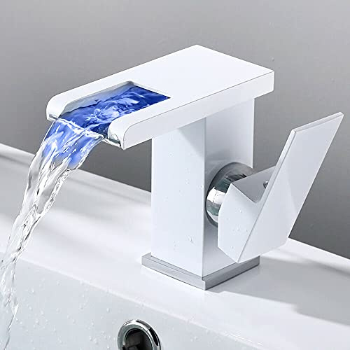 LED Wasserhahn, Weiß Wasserfall Waschtischarmatur mit RGB 3 Farbewechsel Beleuchtung Bad Armatur Glas Wasserfall Auslauf Waschbeckenarmatur für Badezimmer